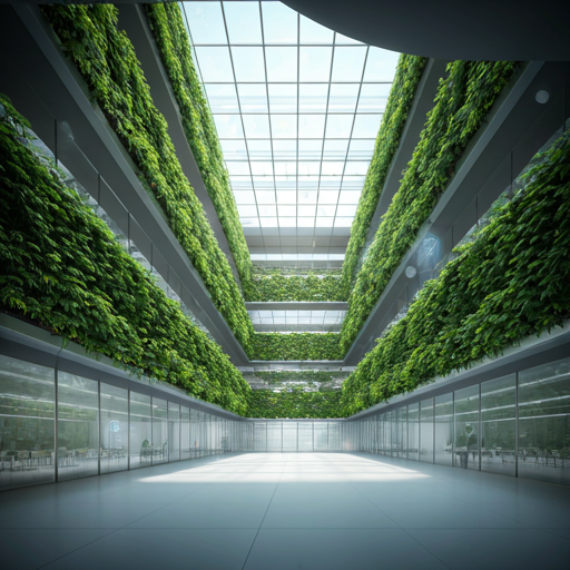 Interior green wall and glass architecture in a sustainable building