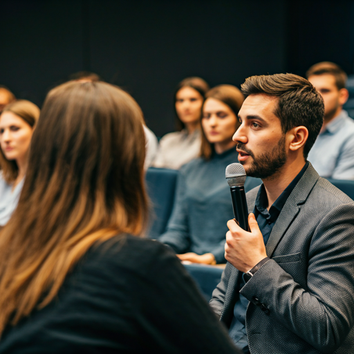 Moderator speaking to a youth audience at a leadership event